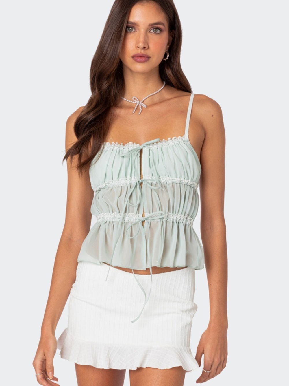 🩷 Edikted NWOT Light Green Addy Tie Front Sheer Chiffon Top